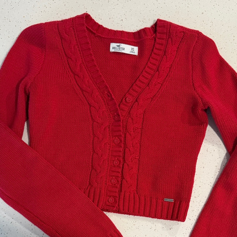 Hollister Women's Vibrant Red Cropped Cardigan